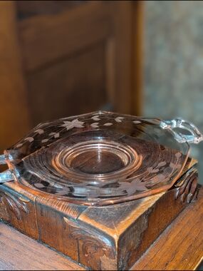 Depression Glass Octagon Serving Plate Handle Etched Floral Design 1930s 8" Pink